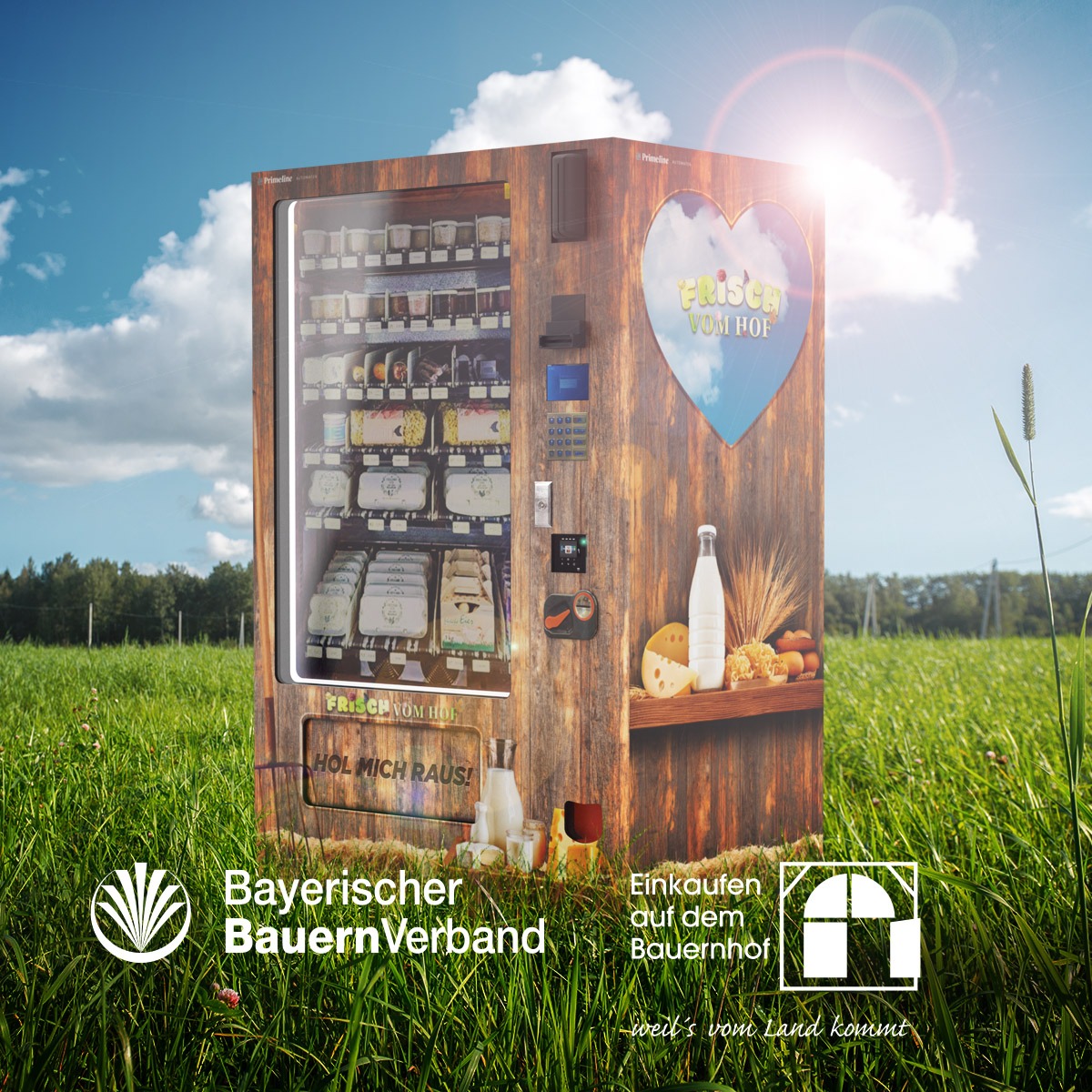 Freshline XL Automat in der Wiese. Angebot für Bayerischer Bauernverband und Einkaufen auf dem Bauernhof